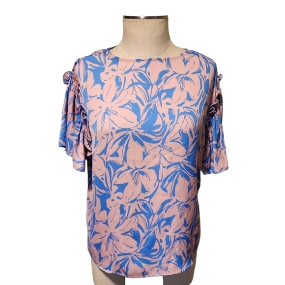 Maison D' Amelie Women's Pink Blue Short‎ Sleeve Floral Extra Small Blouse - Picture 1 of 11